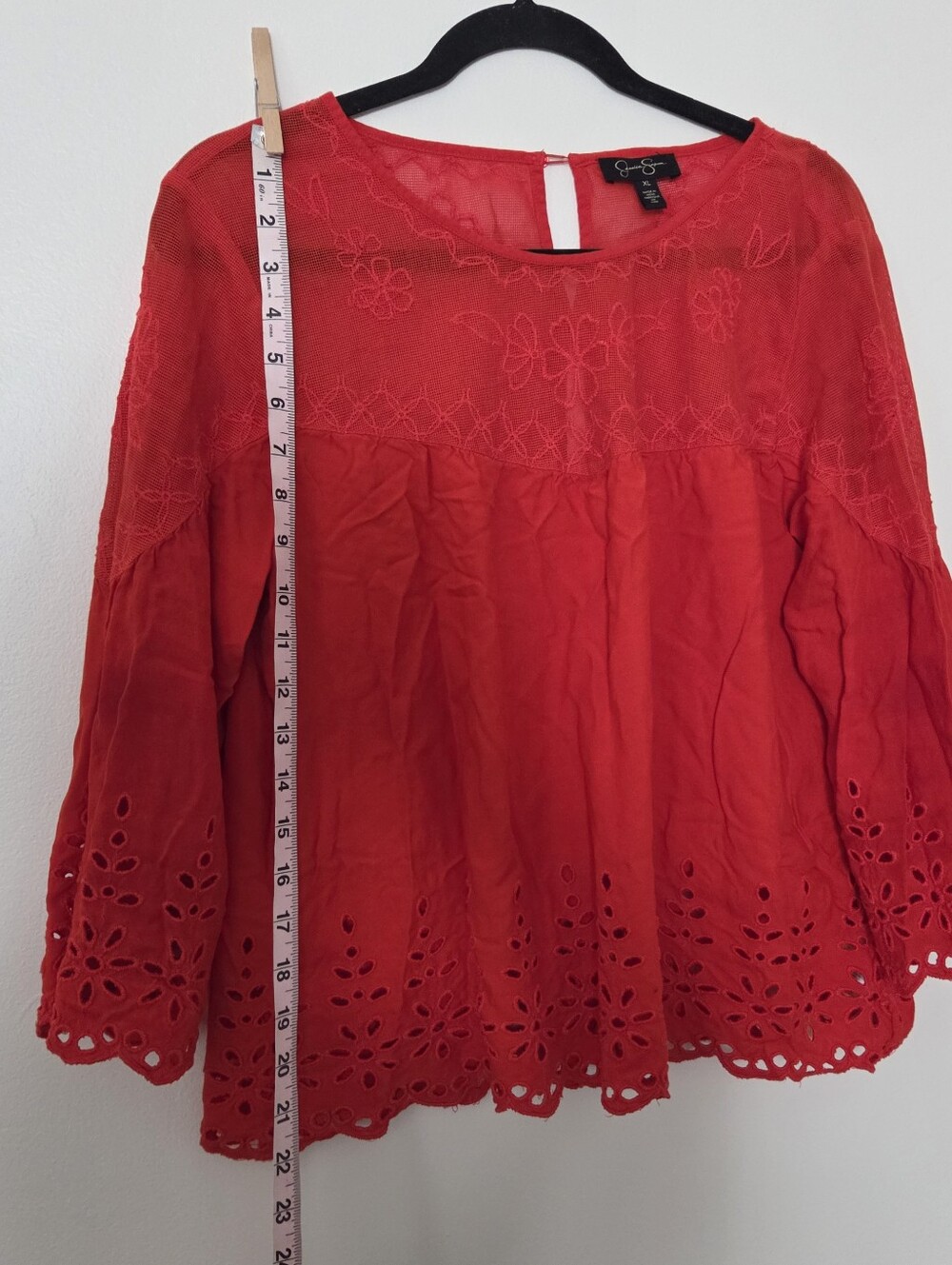 Bright Red Scarlet Embroidered Eyelet Peasant Top by Jessica Simpson XL - Picture 6 of 12